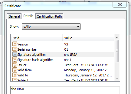 Certificate properties, including the signing algorithm (SHA-1).