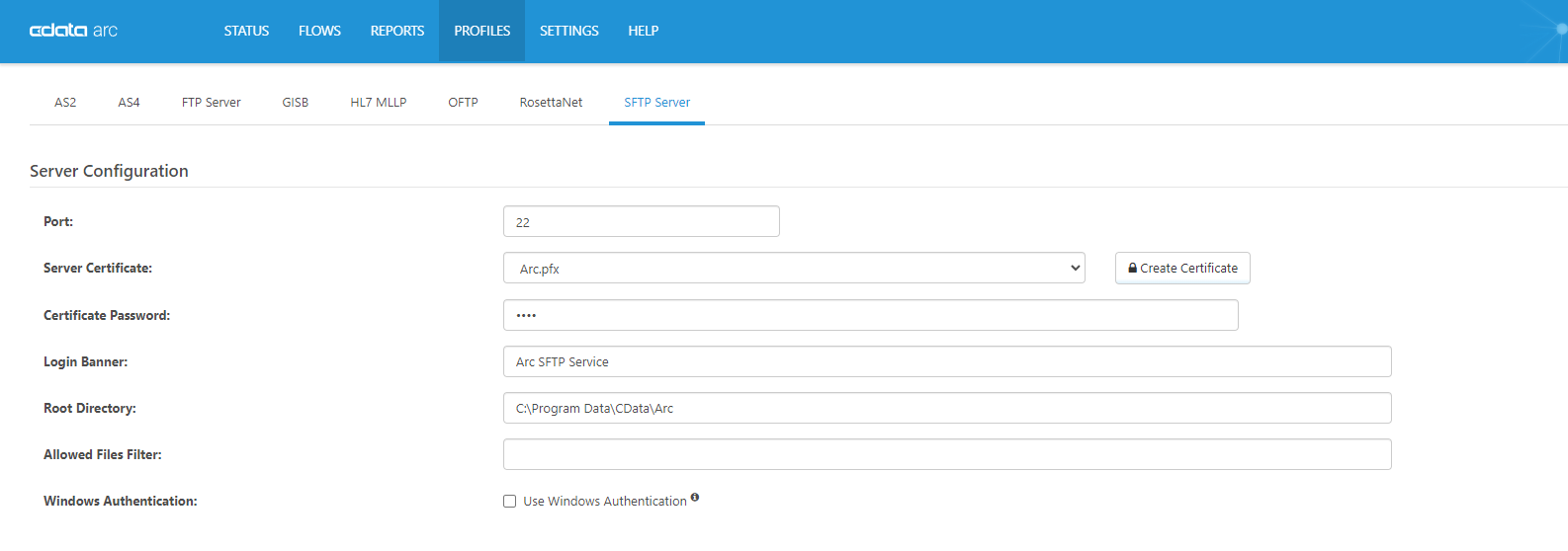 Sample SFTP Server Profile configuration