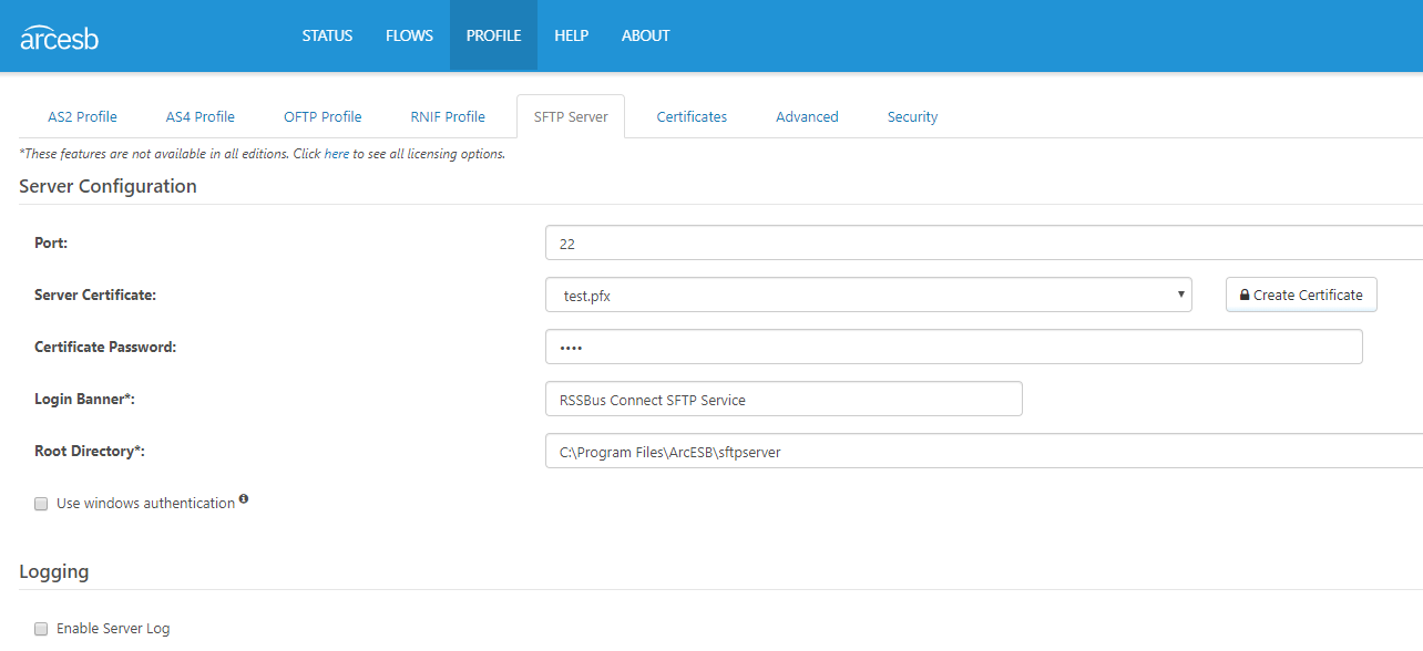 Sample SFTP Server Profile configuration